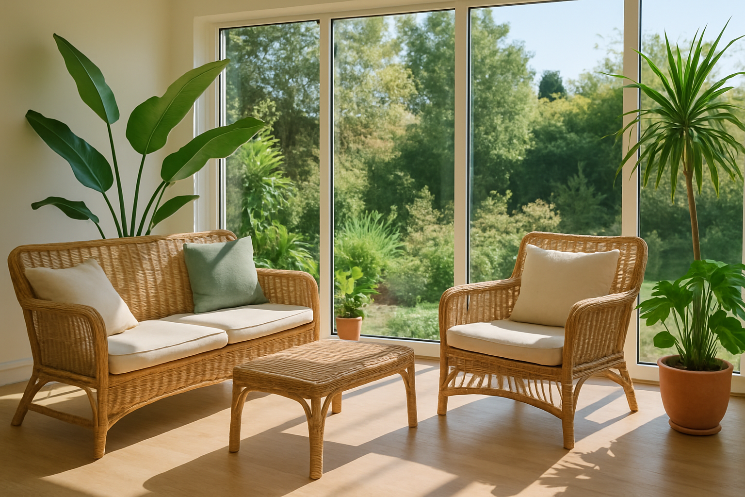 Spacious sunroom featuring natural wicker furnishings and abundant indoor plants enhancing the indoor-outdoor connection.