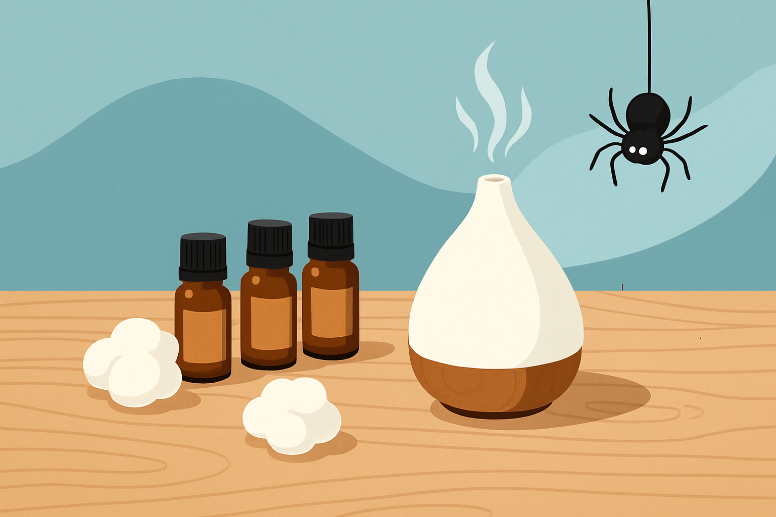 A selection of essential oils with cotton balls and a diffuser demonstrating natural spider repellents in use indoors