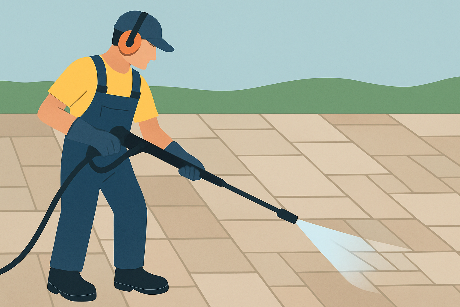 Pressure washing a stone patio carefully with correct technique to avoid damage