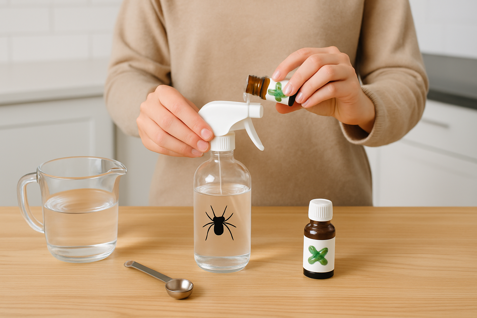 Mixing peppermint oil spider spray ingredients in a glass spray bottle
