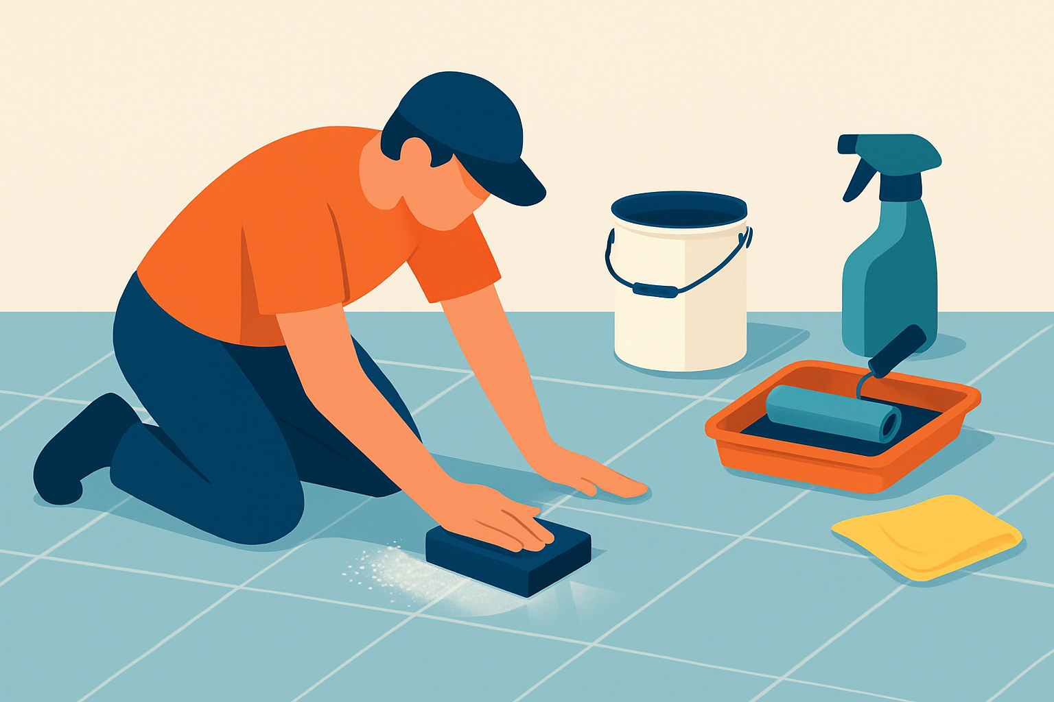 Sanding floor tiles lightly to promote paint adhesion before primer application