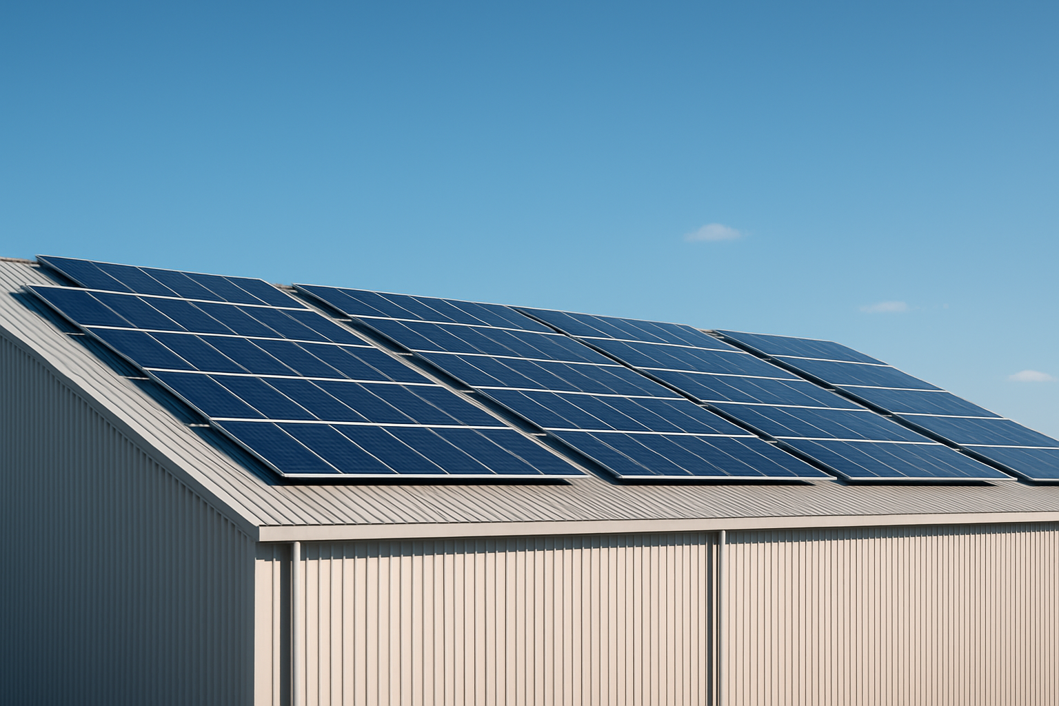 A large commercial building equipped with rooftop solar panels generating clean electricity.