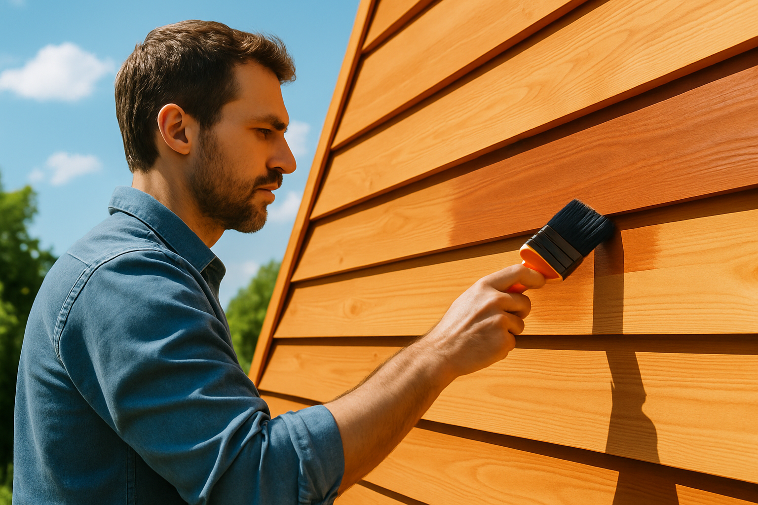 Applying solid stain carefully with a brush to cedar siding in ideal weather conditions.