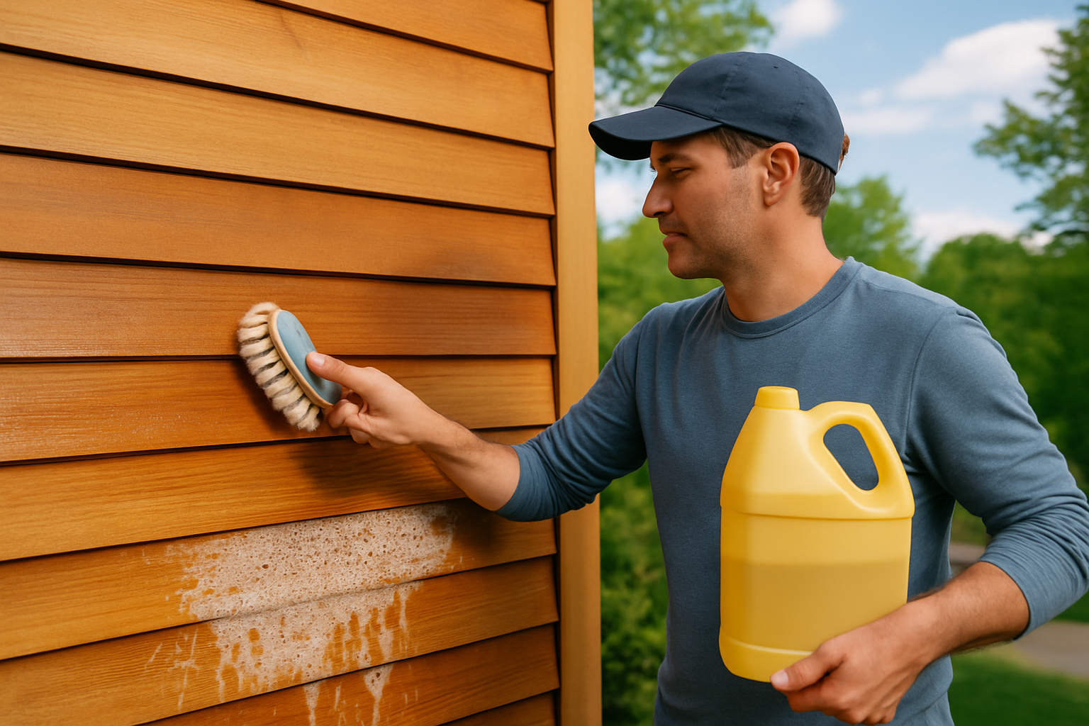 A homeowner uses a soft-bristle brush and wood cleaner to prepare cedar siding for staining.