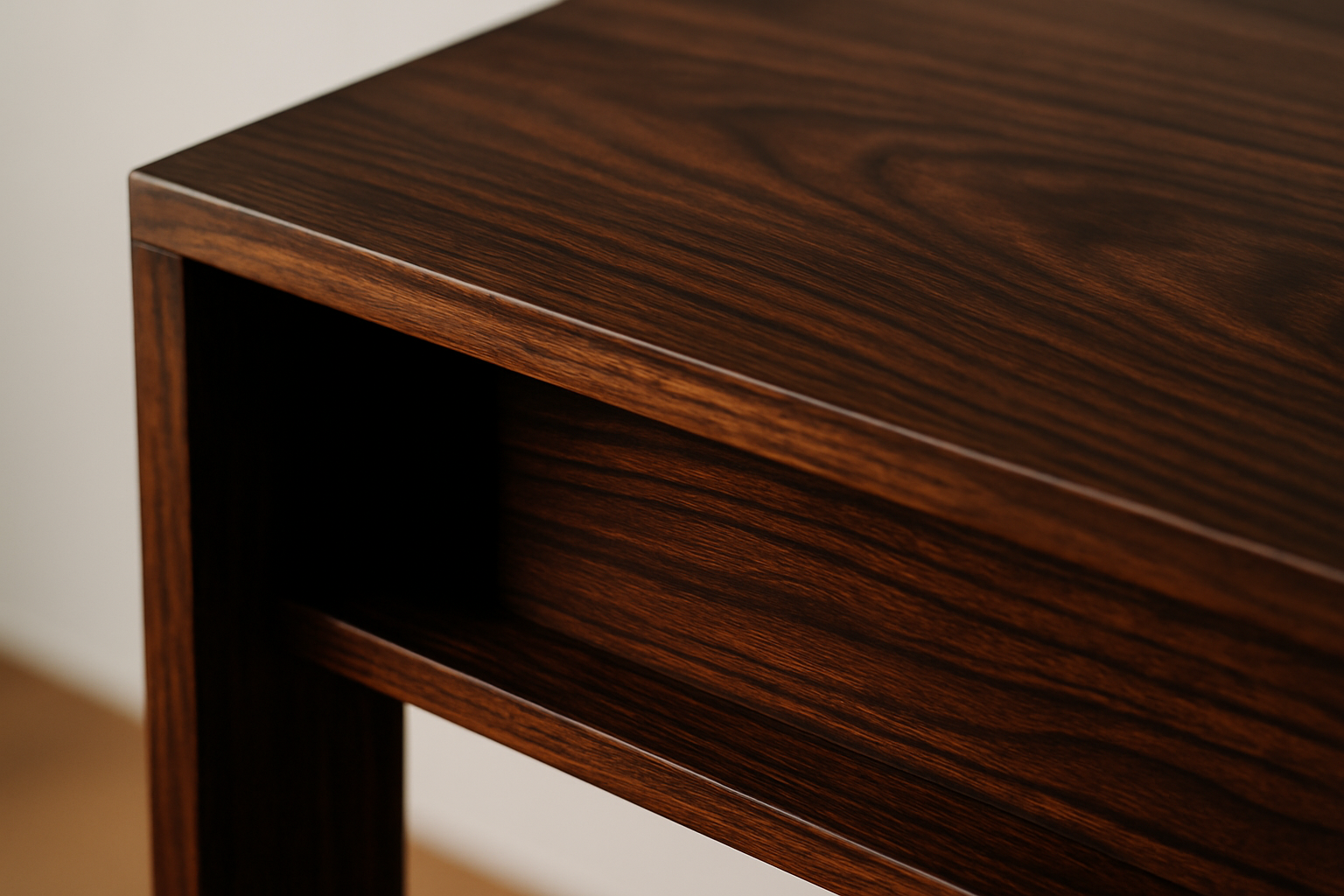 A close-up of a wooden furniture piece that has been darkened using stain, showcasing its rich, deep finish and highlighted wood grain.