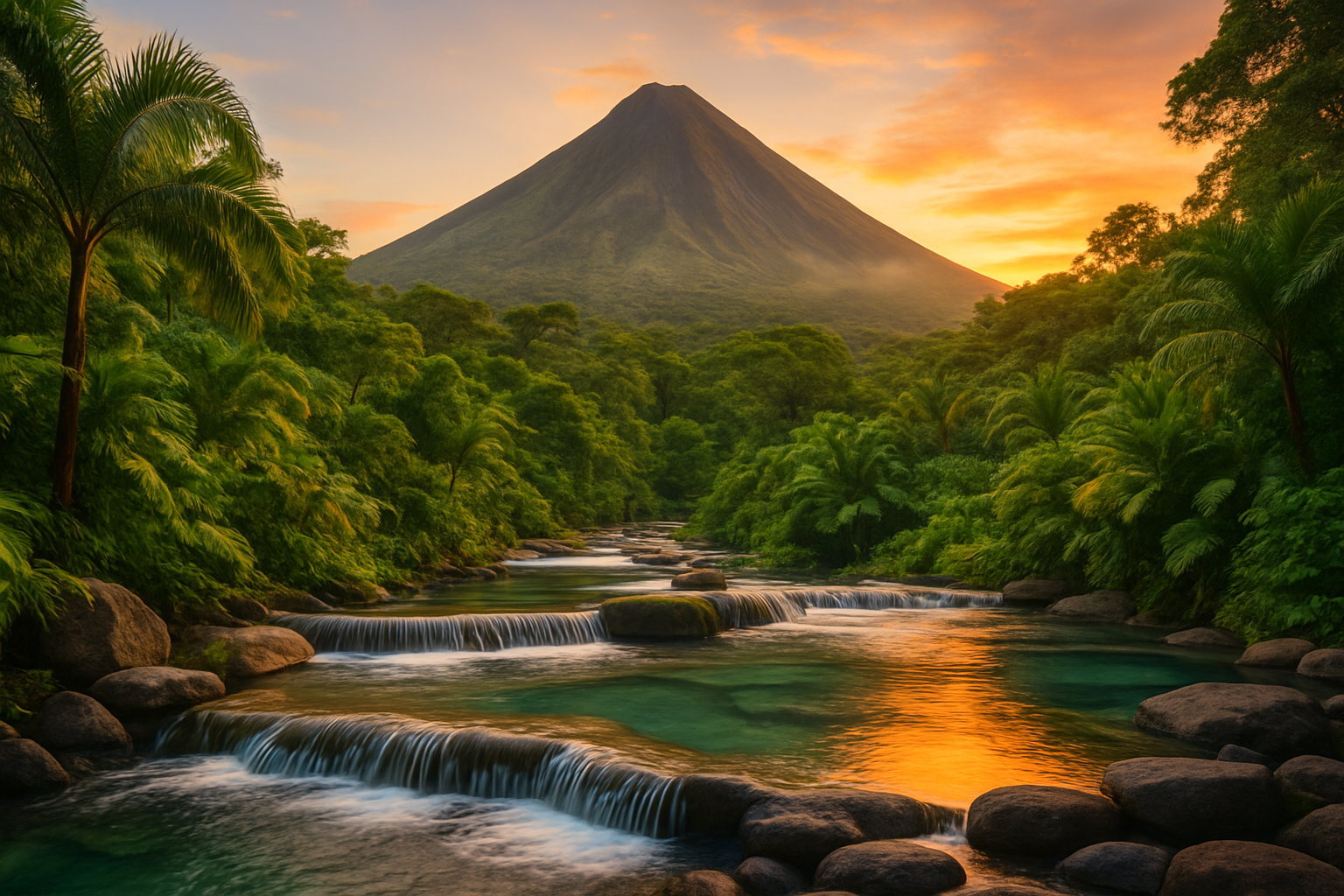 Breathtaking view of Arenal Volcano with surrounding rainforest and relaxing hot springs.