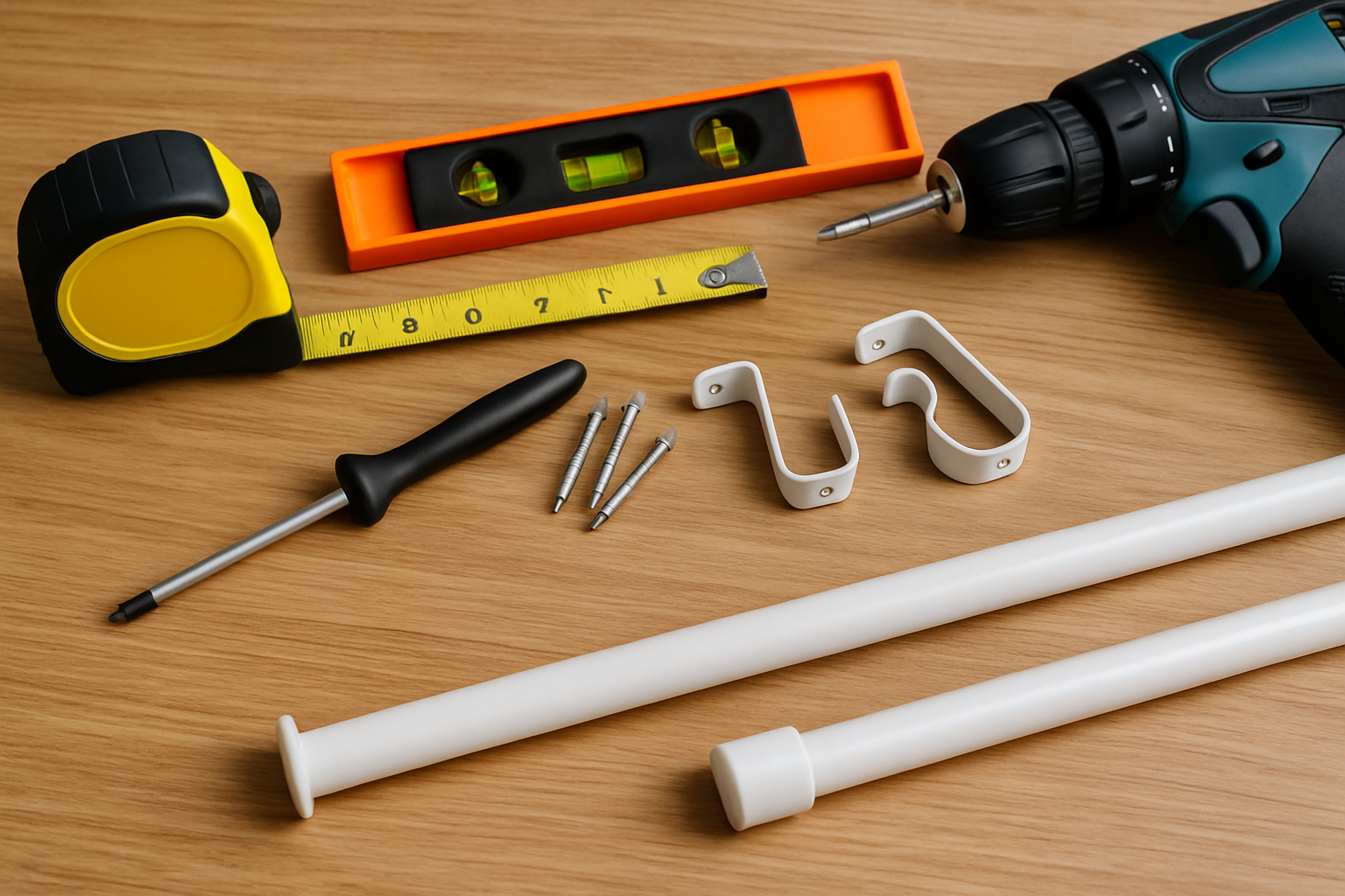 Essential tools and materials required for hanging short curtains