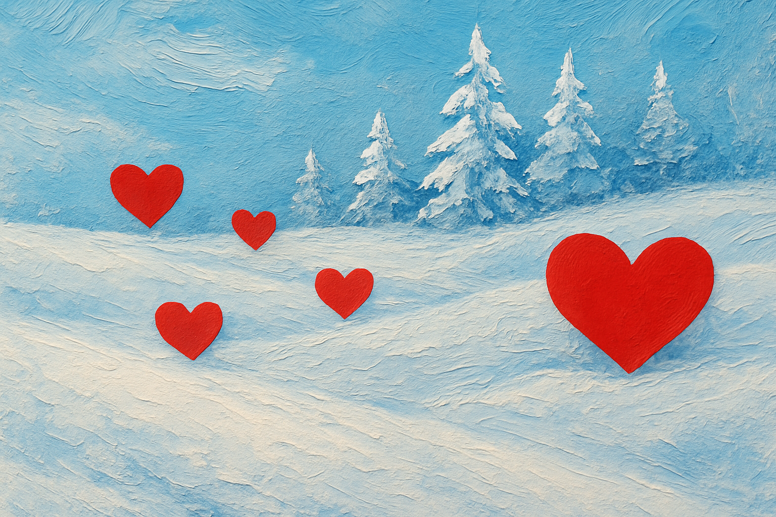 A vibrant mixed media artwork that blends winter textures and Valentine’s themed elements, showcasing layered paints, collage, and intricate details.