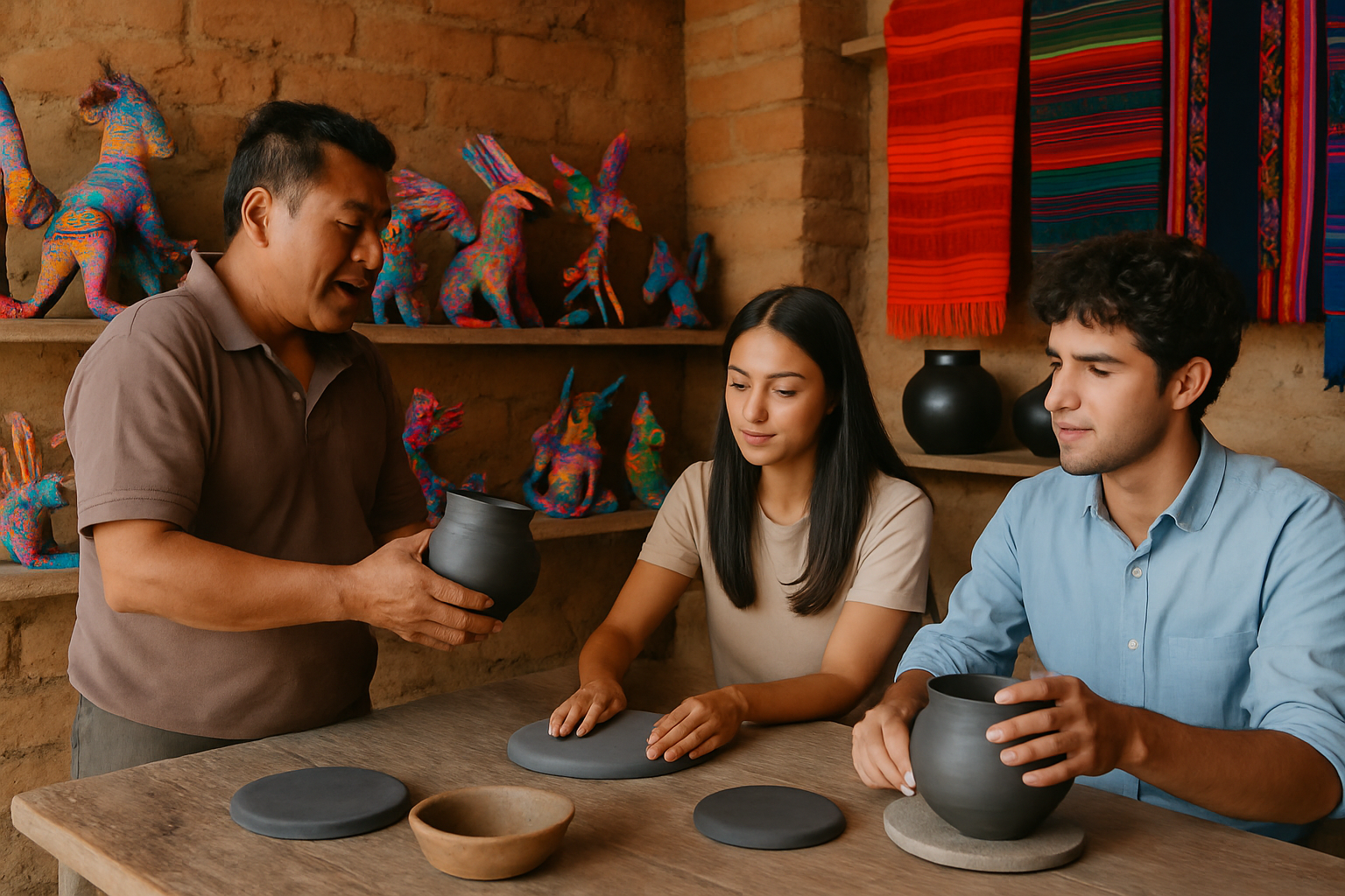 An artisan workshop in Oaxaca showcasing alebrijes, textiles, and black pottery with hands-on learning.