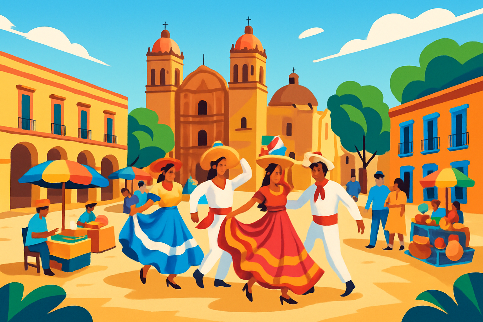 The lively Zócalo square in Oaxaca City, showcasing colonial architecture and vibrant street life.