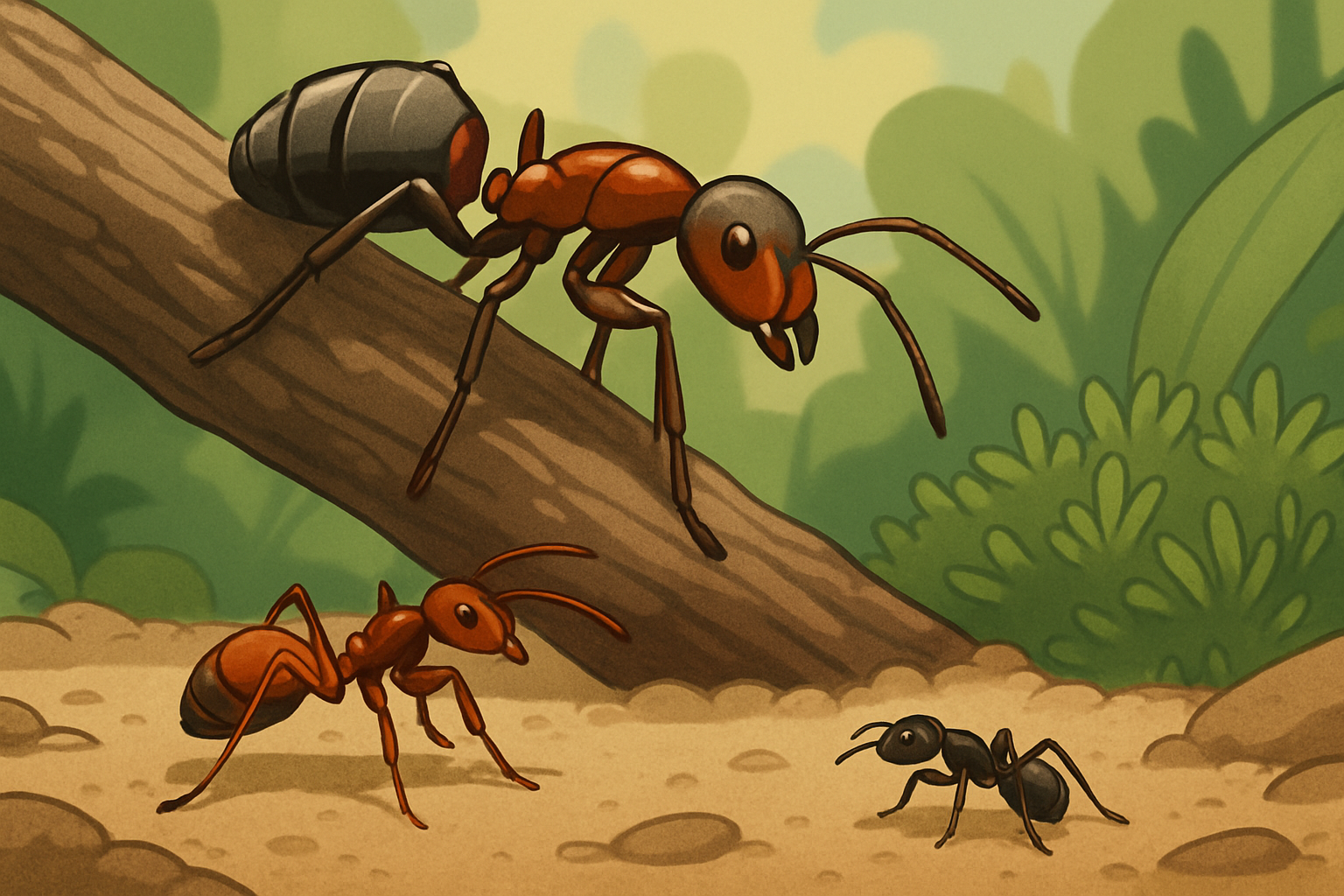 Various ant species illustrating differences in size and habitat adaptations.