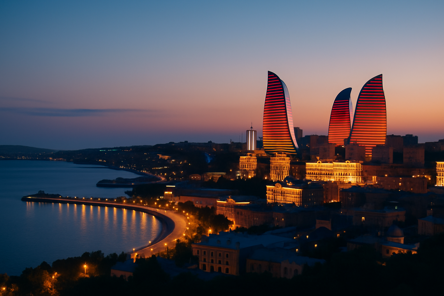 The iconic Flame Towers dominate Baku
