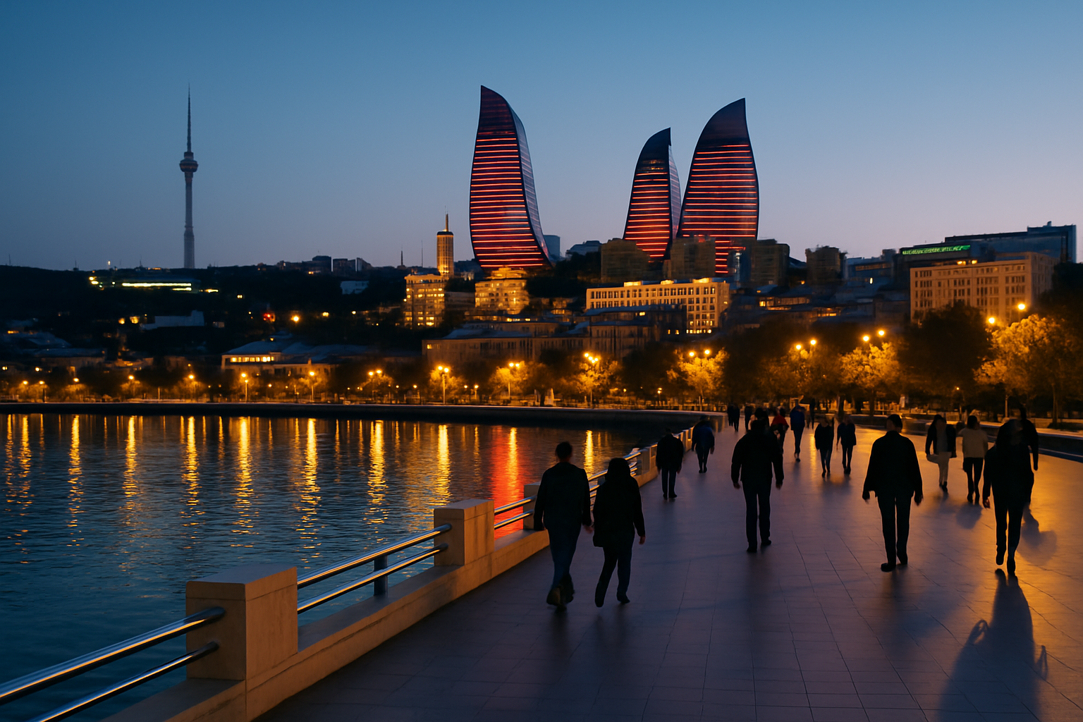 Relaxing final evening along the scenic Caspian Sea promenade in Baku