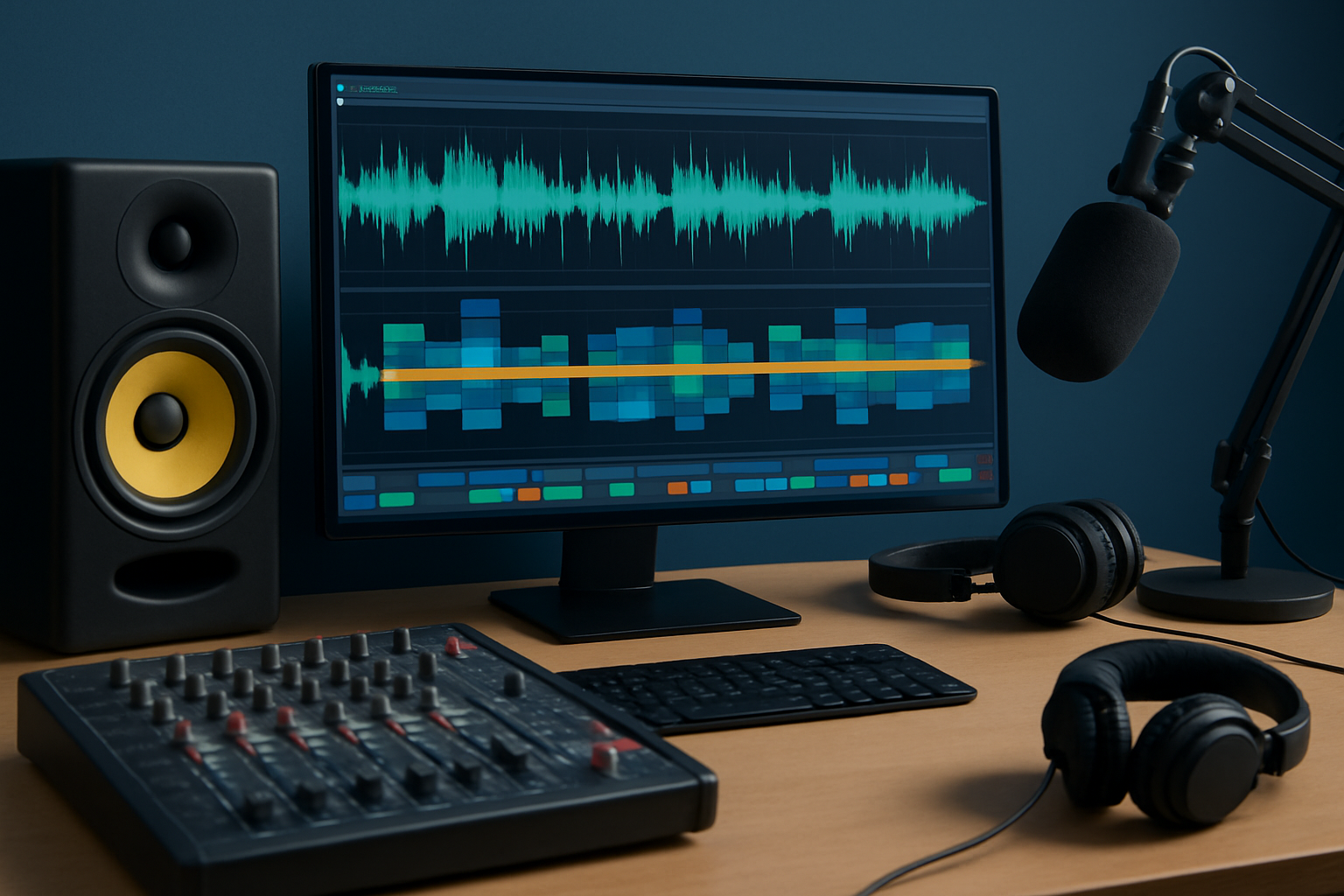 Radio producer working on creating high-quality radio sweepers in a professional studio