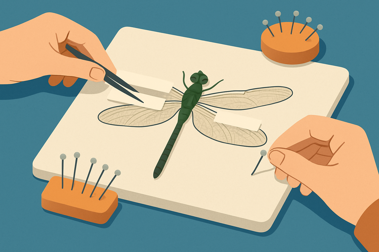 Step-by-step preparation of a dragonfly with wings spread and pinned gently on a board for preservation