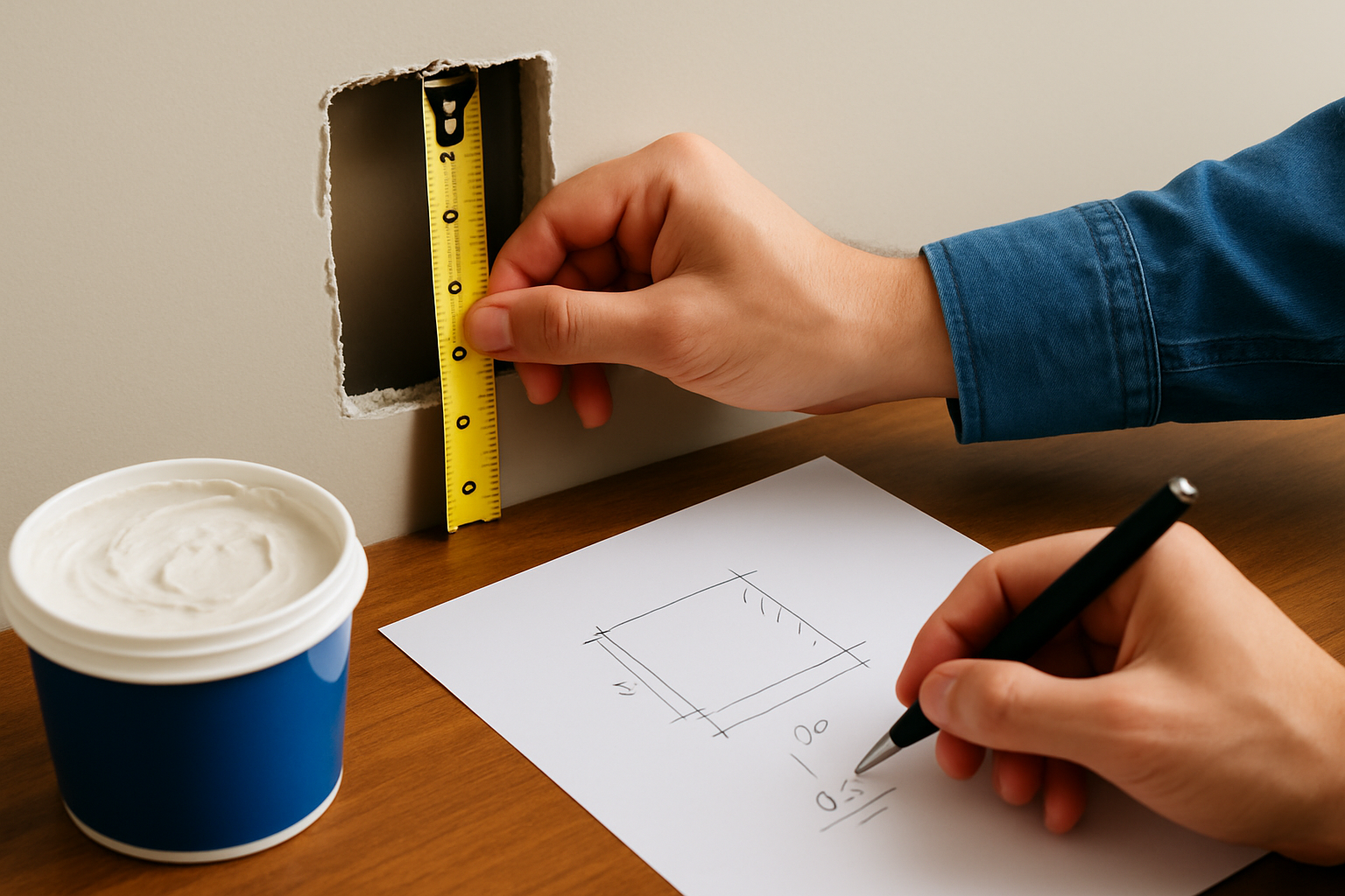 Measuring drywall damage precisely to calculate the amount of mud needed for patching.