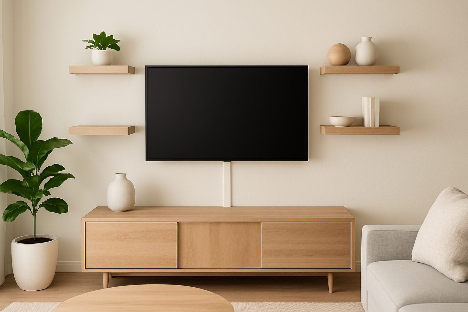 A modern, neatly organized TV setup showcasing a concealed wall mount and hidden cables using floating shelves and cable covers for a clean aesthetic.