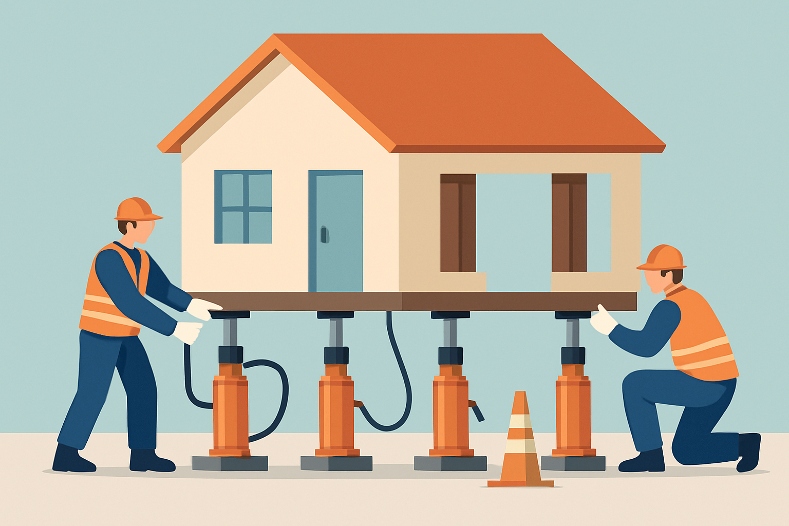 Professional house jacking showing hydraulic jacks and support beams properly placed during foundation repair.