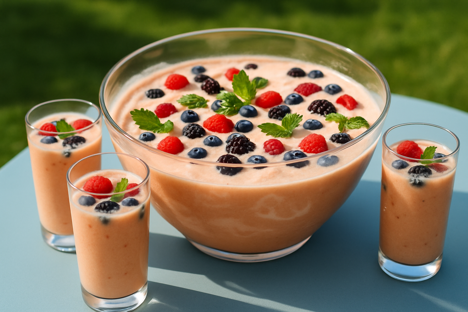 A beautifully arranged ice cream punch with colorful garnishes served in an elegant punch bowl and glasses.