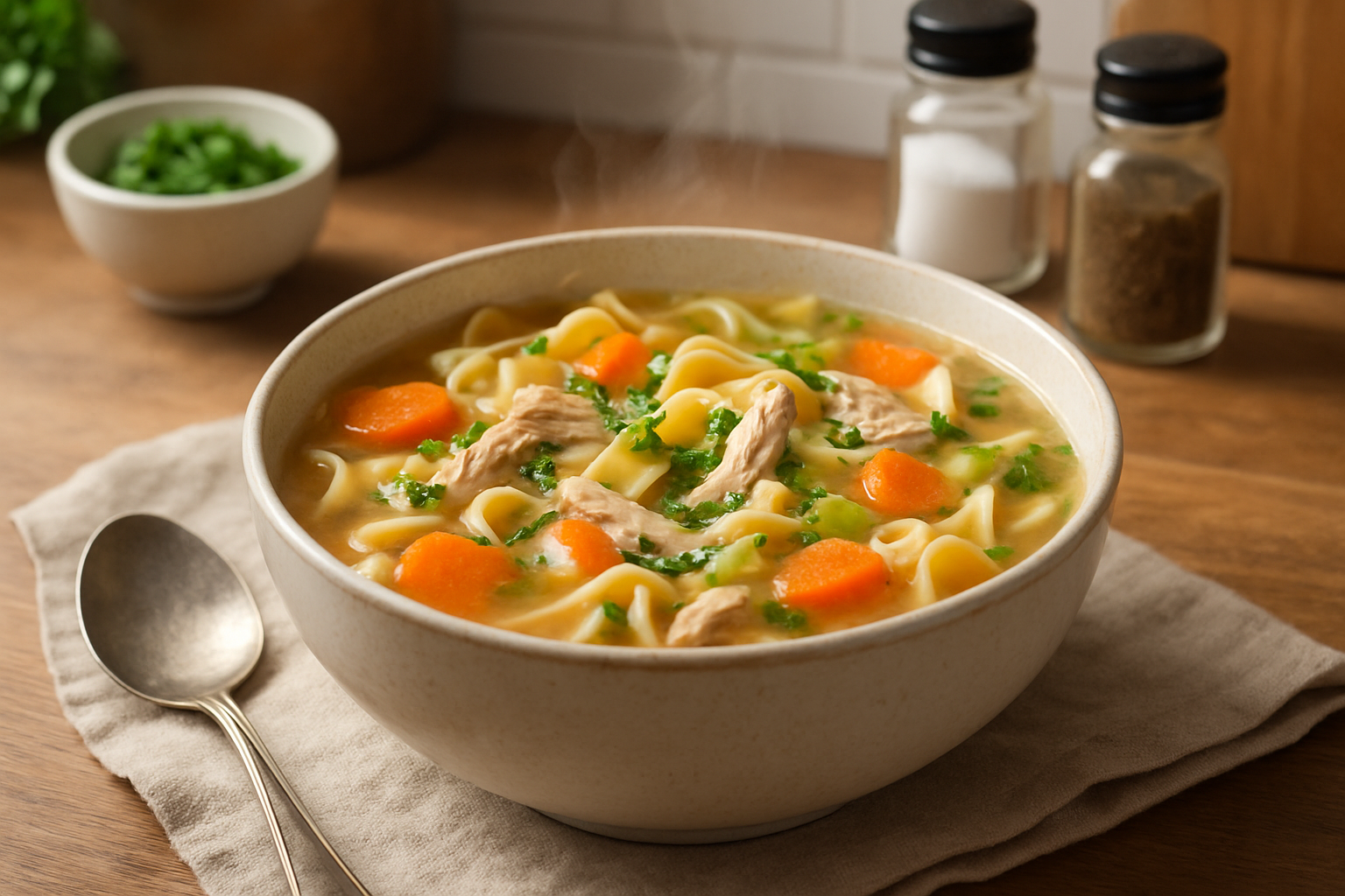 A hearty bowl of leftover rotisserie chicken noodle soup ready to serve, showcasing fresh ingredients and vibrant colors.