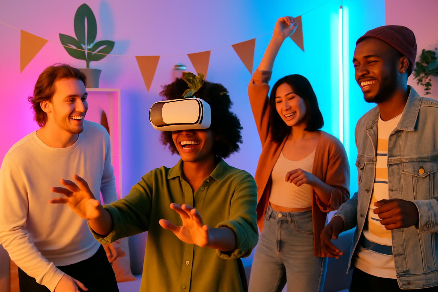 A lively modern party featuring inclusive attendees, immersive technology, and sustainable decor illustrating contemporary party culture trends.