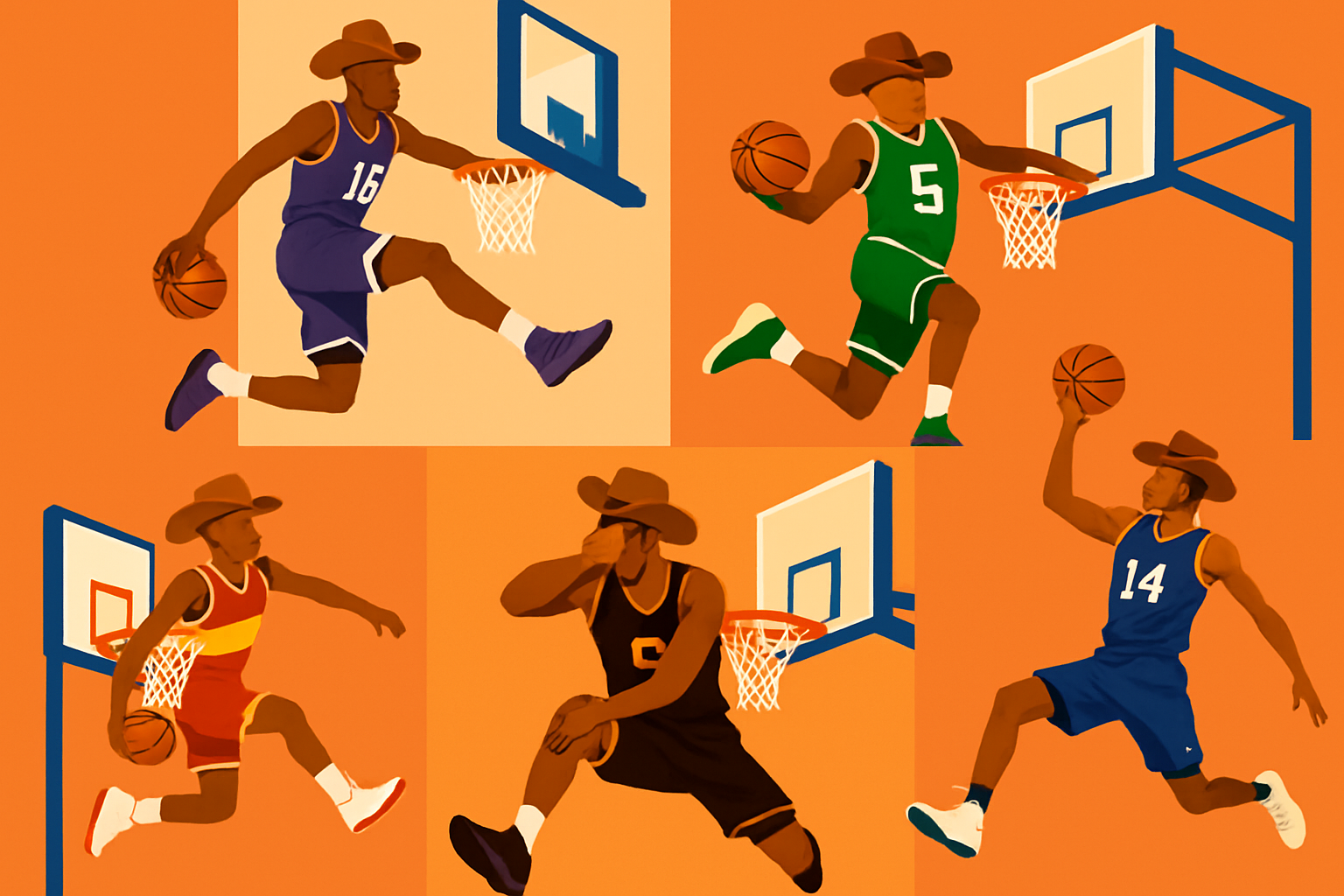 Photo collage of famous players executing cowboy dunks in key moments