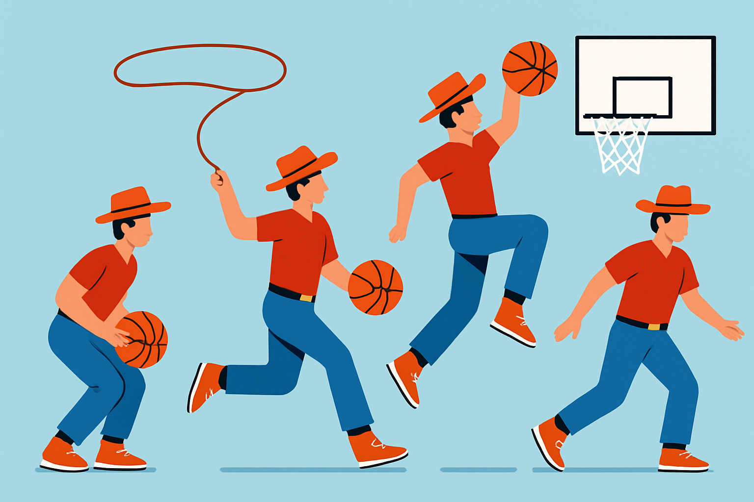 Illustration or sequence images demonstrating key postures and moves within the cowboy dunk