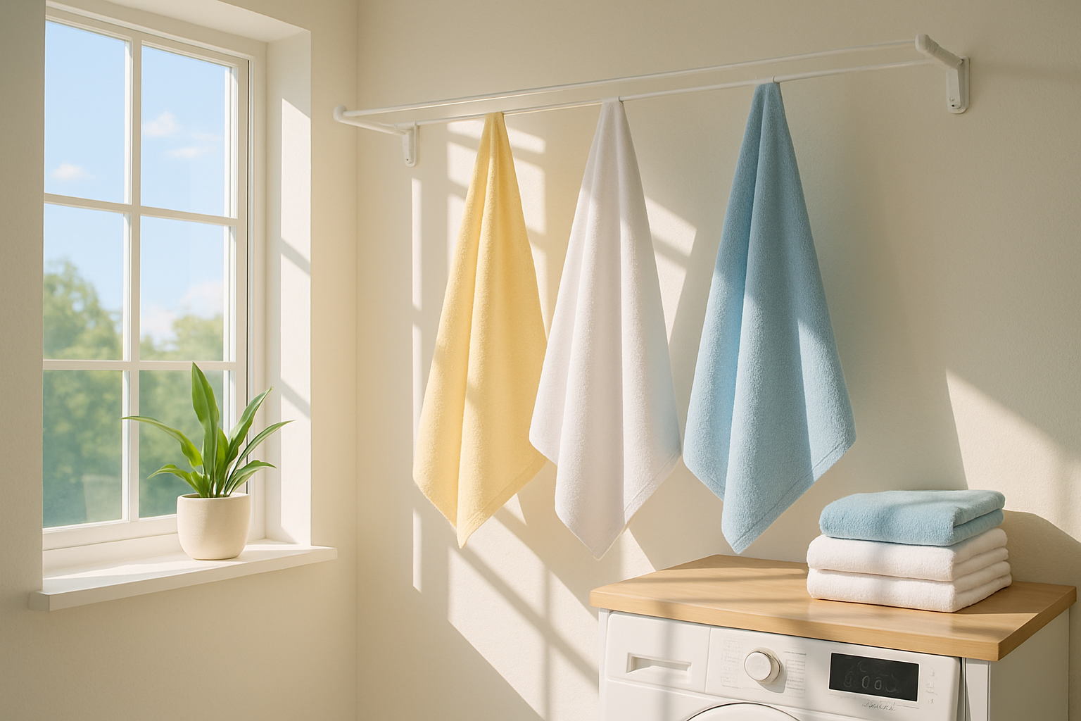 Fresh towels drying in sunlight in a bright laundry room, highlighting best drying practices to prevent odor