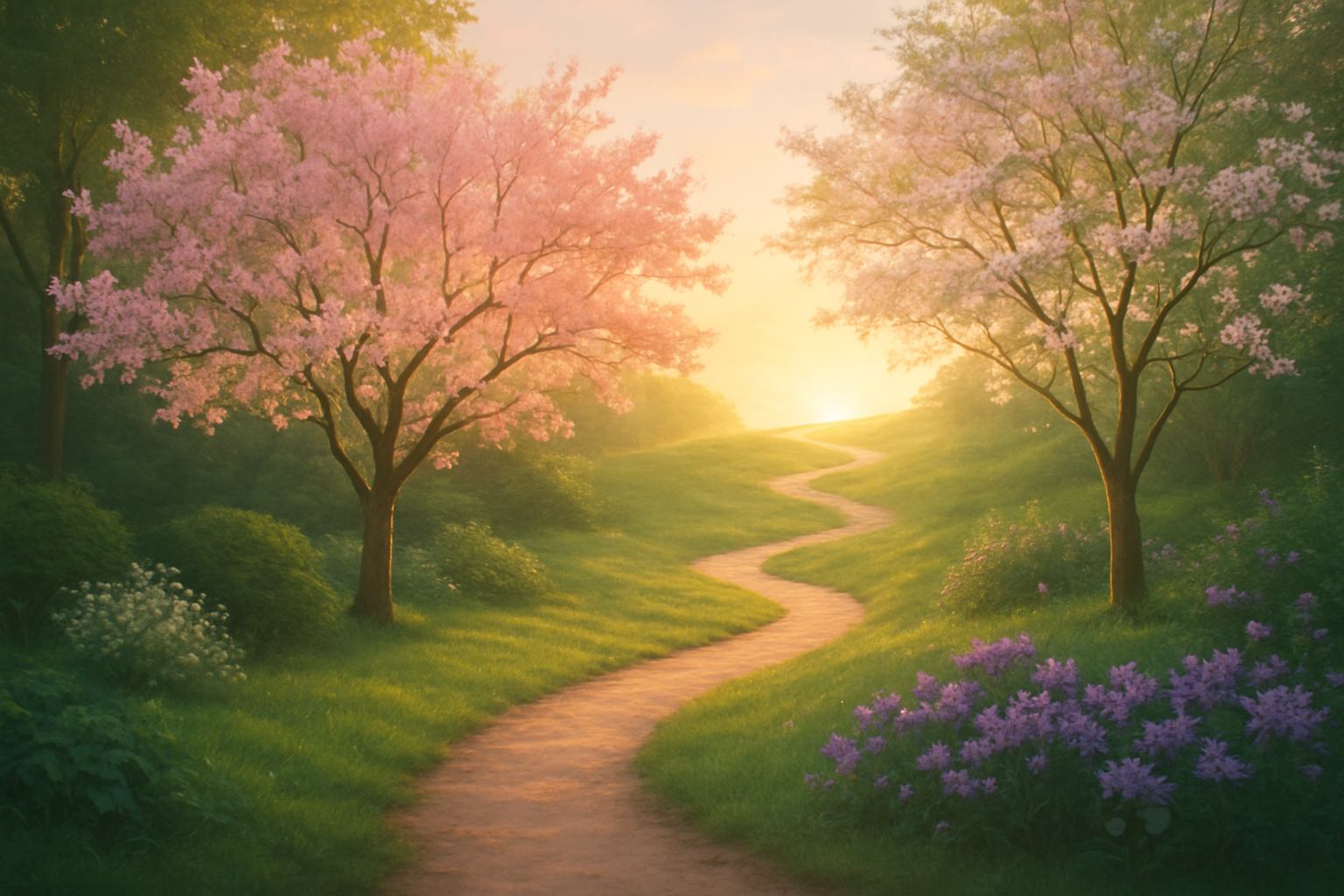 A metaphorical image of spiritual growth represented by a peaceful garden path at dawn, illustrating the journey of growing through grace.