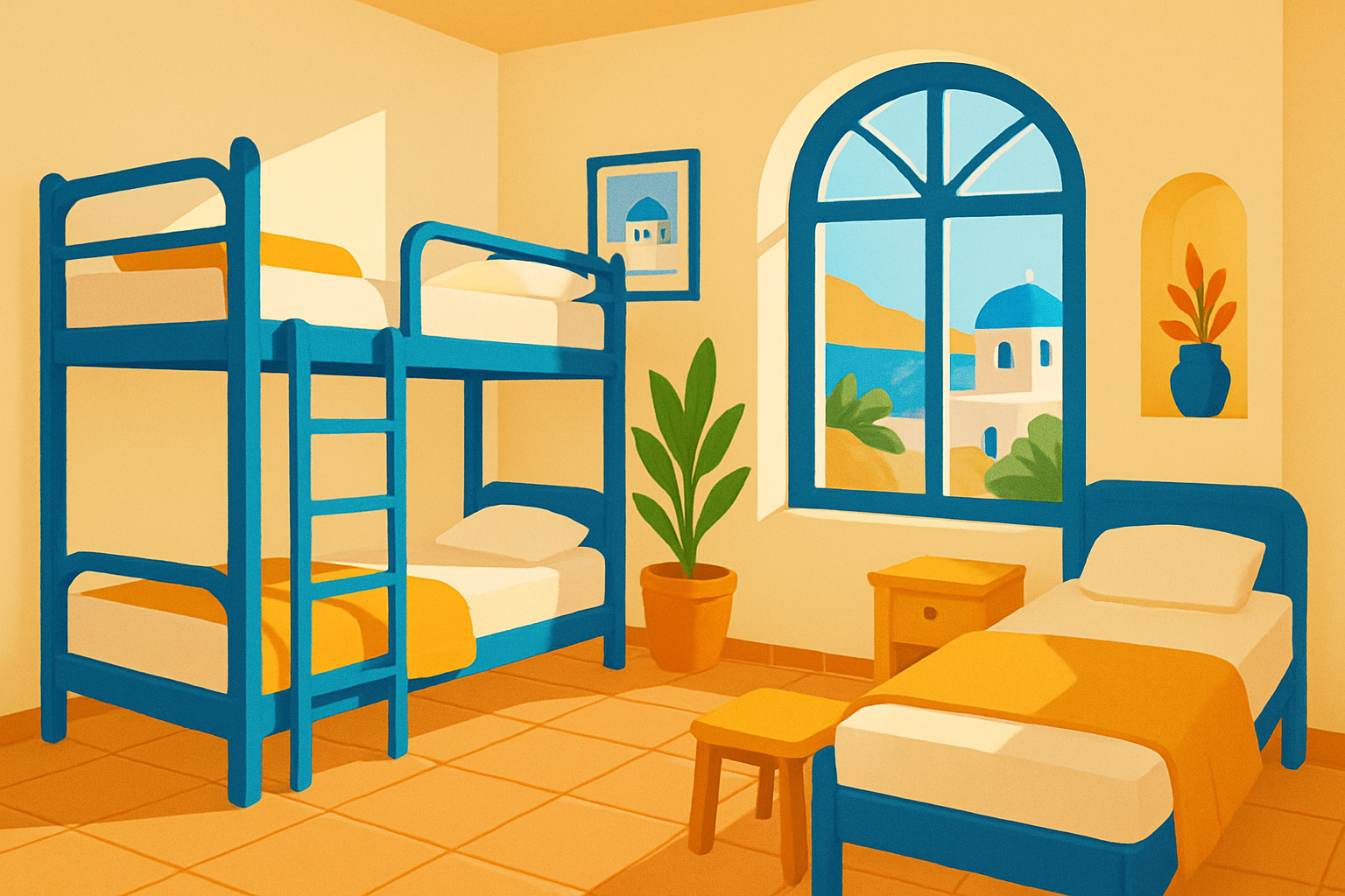 Affordable hostel accommodation in Greece with bright interiors and Mediterranean ambiance