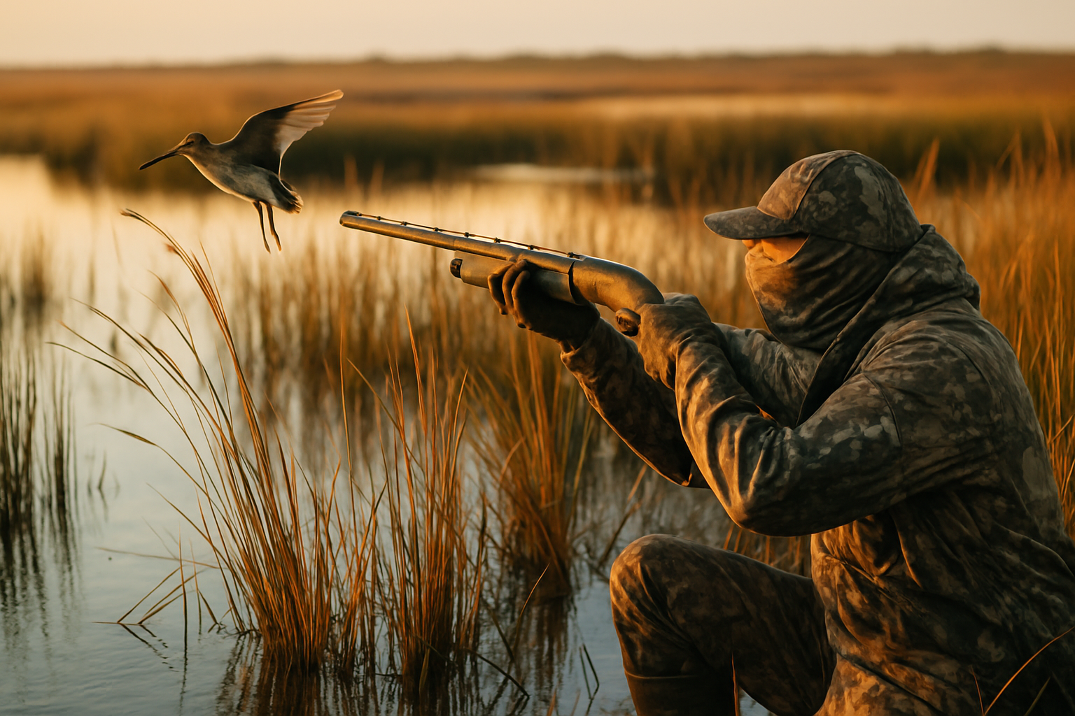 A hunter clad in camouflage moving cautiously through Texas wetlands, ready for a snipe hunt at sunset.