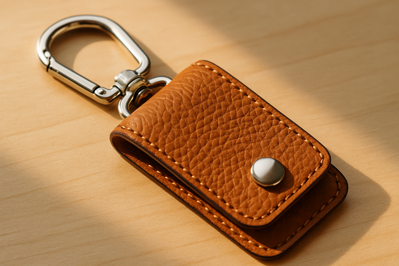 High-quality image showcasing a premium leather keychain holder with close-up details on texture and stitching