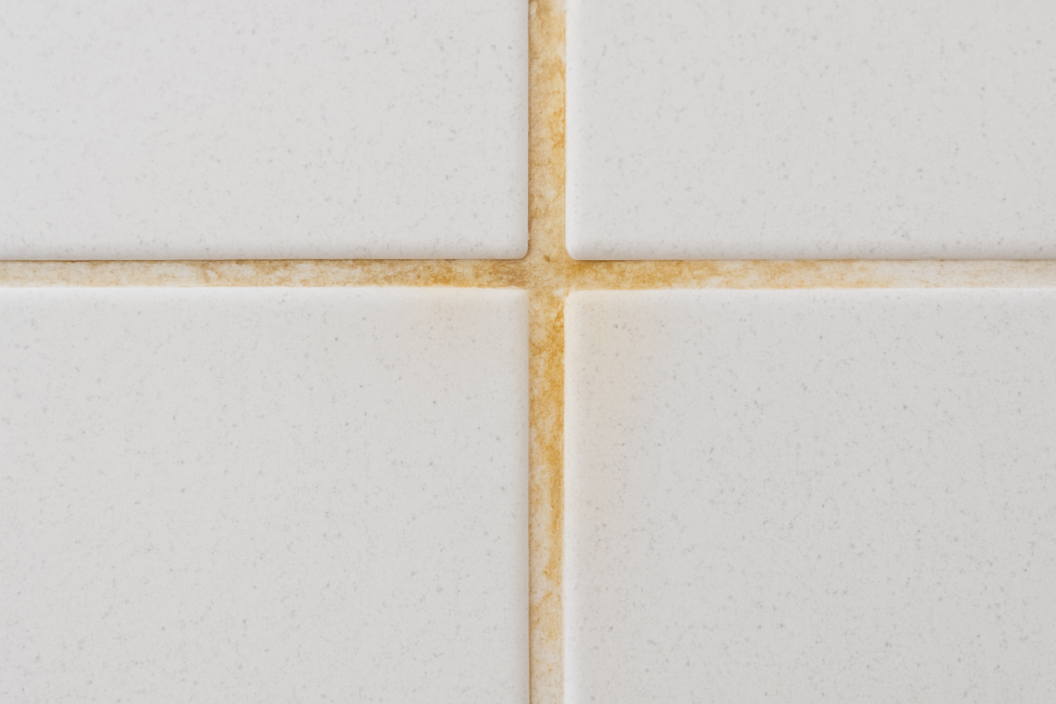 Example of grout damage and discoloration caused by improper bleach use on tiled surfaces.