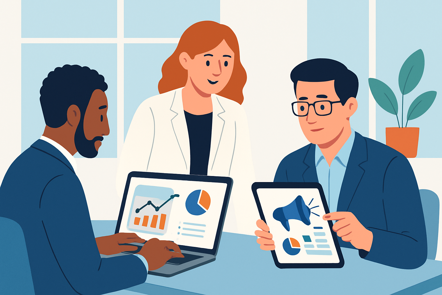 Business professionals collaborating using digital marketing tools in a modern workspace