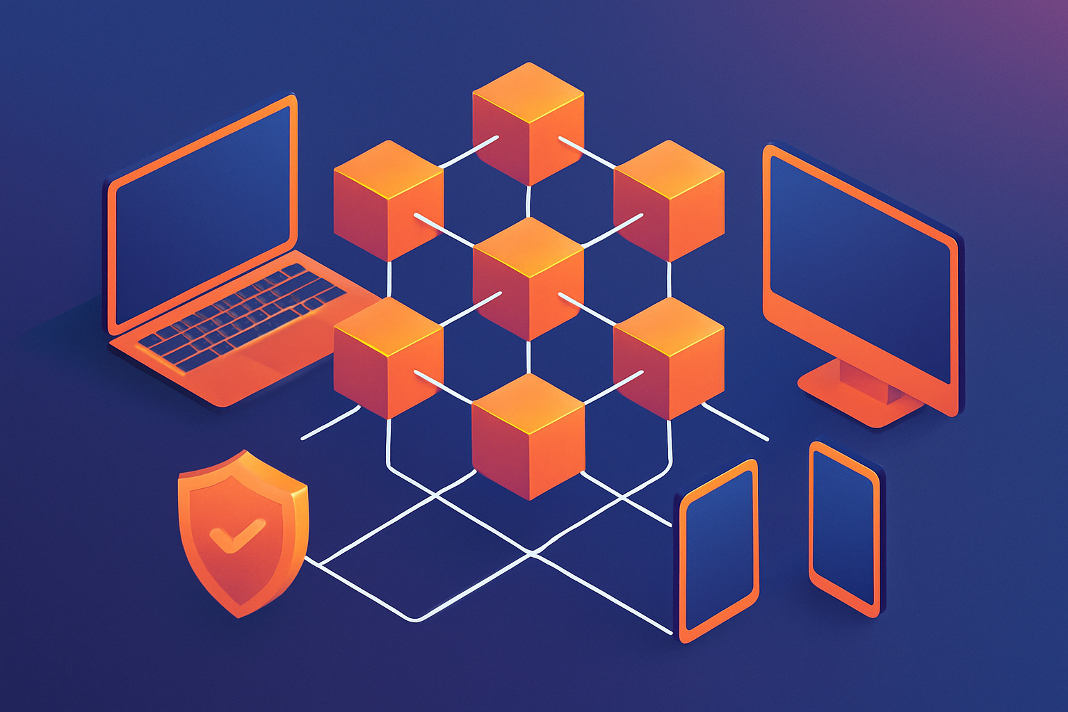 Visual representation of blockchain technology showing linked blocks and decentralized nodes